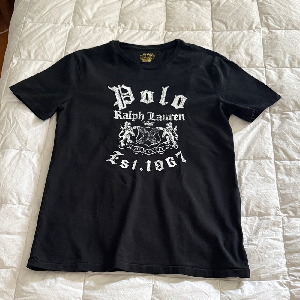 Men’s Size S Cotton Polo by Ralph Lauren Black T-Shirt with White Graphic Crest